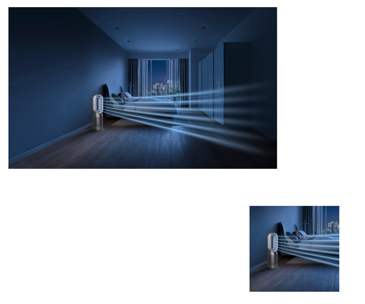 Dyson Purifier Hot+Cool blowing purified air into a bedroom where someone is sleeping.